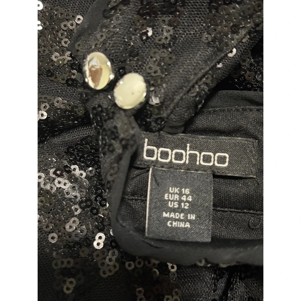 Boohoo Black Sequin Geometric Open Back Mini Dress Long Sleeve US 12